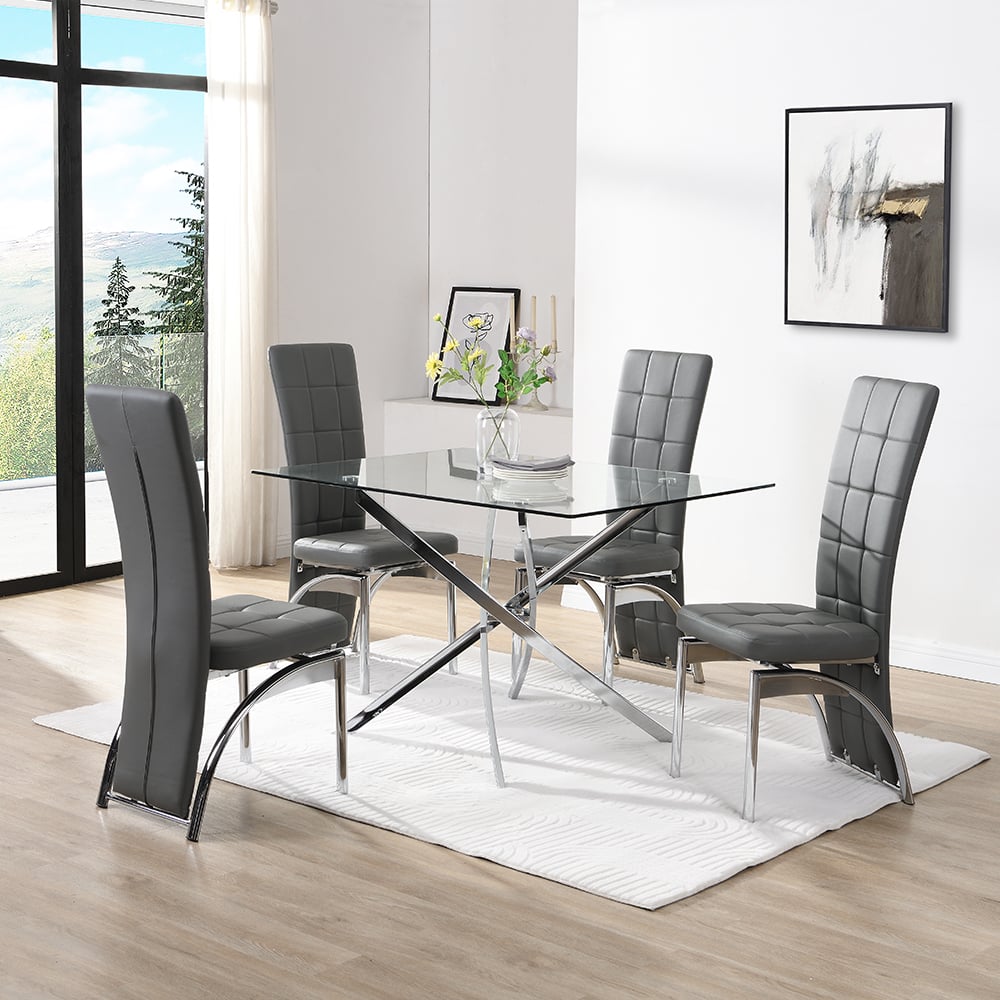 Denton Small Glass Dining Table With 4 Riverton Grey Chairs