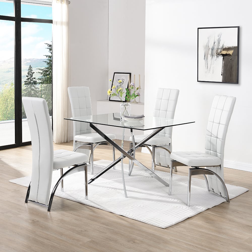 Denton Small Glass Dining Table With 4 Riverton White Chairs