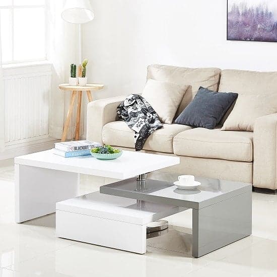 Detroit Rotating High Gloss Coffee Table In White And Grey