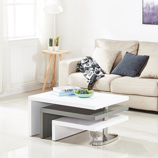 Detroit Rotating High Gloss Coffee Table In White And Grey