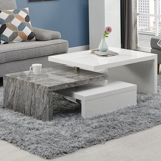 Detroit Rotating White Gloss Coffee Table In Melange Marble Effect