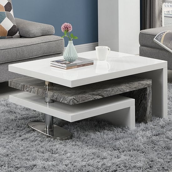 Detroit Rotating White Gloss Coffee Table In Melange Marble Effect