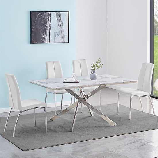 Devlin Diva Marble Effect Dining Table 4 Opelika White Chairs