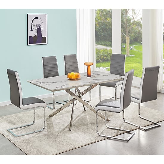 Devlin Diva Marble Effect Dining Table 6 Sylvania Grey Chairs