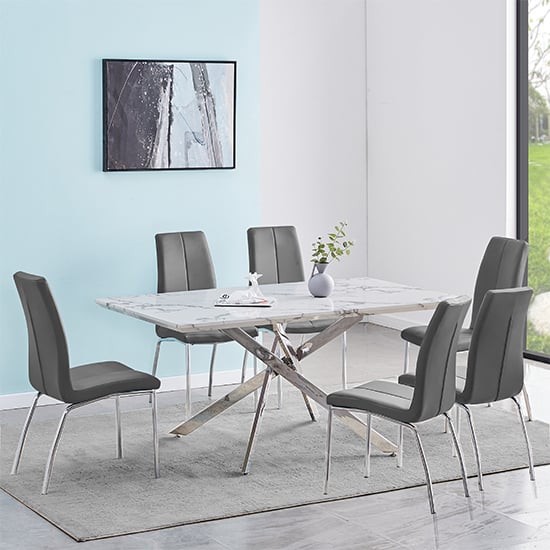 Devlin Diva Marble Effect Dining Table With 6 Opelika Grey Chairs