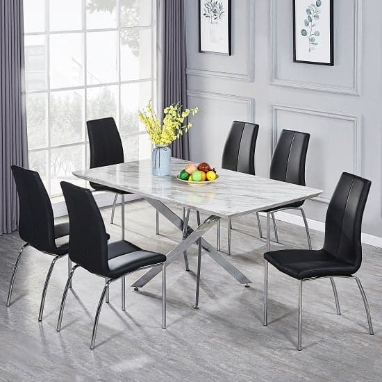Devlin Magnesia Marble Effect Dining Table 6 Opelika Black Chairs