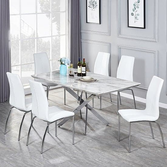 Devlin Magnesia Marble Effect Dining Table 6 Opelika White Chairs