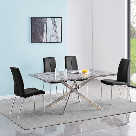 Devlin Melange Marble Effect Dining Table 4 Opelika Black Chairs