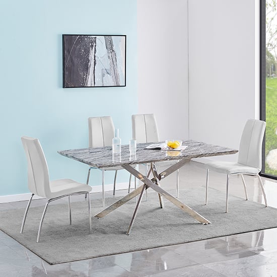 Devlin Melange Marble Effect Dining Table 4 Opelika White Chairs