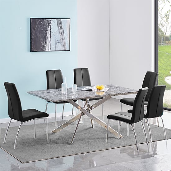 Devlin Melange Marble Effect Dining Table 6 Opelika Black Chairs