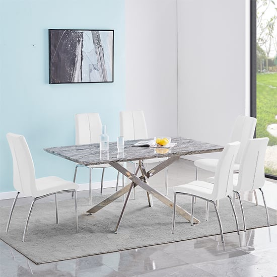 Devlin Melange Marble Effect Dining Table 6 Opelika White Chairs