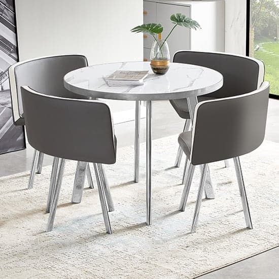 Dillon Round Gloss Marble Effect Dining Table Set in Diva