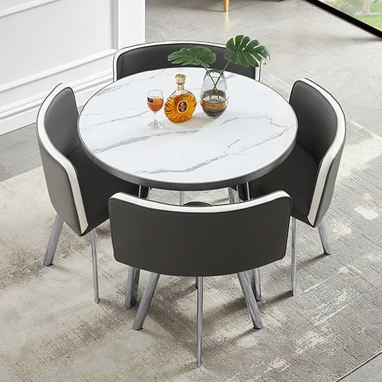 Dillon Round Gloss Marble Effect Dining Table Set in Diva