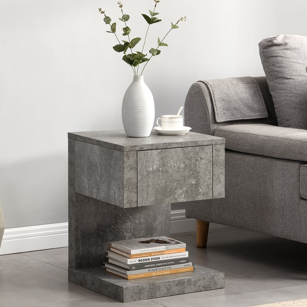 Dothan Wooden Bedside Cabinet With 1 Drawer In Concrete Effect