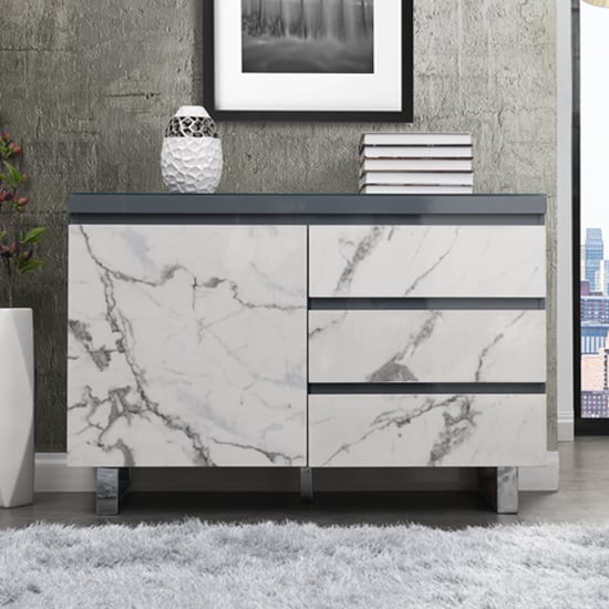 Swazi Diva Marble Effect Gloss Sideboard And 1 Door 3 Drawer In Grey