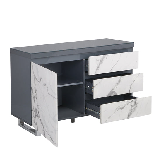 Swazi Diva Marble Effect Gloss Sideboard And 1 Door 3 Drawer In Grey