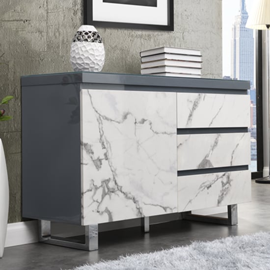 Swazi Diva Marble Effect Gloss Sideboard And 1 Door 3 Drawer In Grey