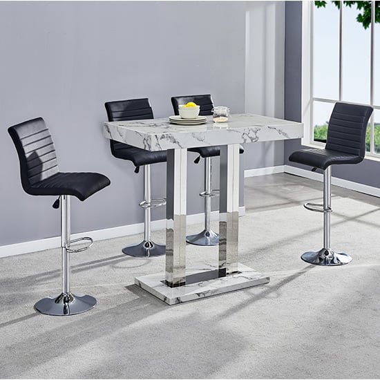 Cortina Diva Marble Effect High Gloss Bar Table 4 Rifle Black Stools