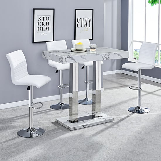 Cortina Diva Marble Effect High Gloss Bar Table 4 Rifle White Stools