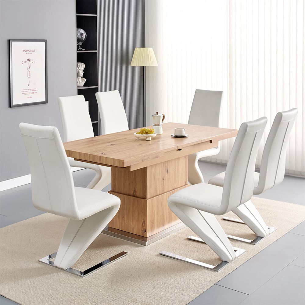 Eldon Convertible Sonoma Oak Dining Table 6 Destin White Chairs