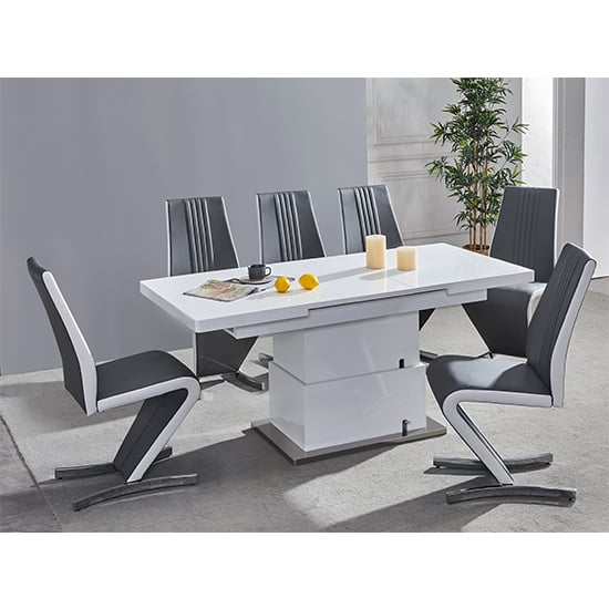 Eldon Convertible White Gloss Dining Table 6 Girona Grey Chairs