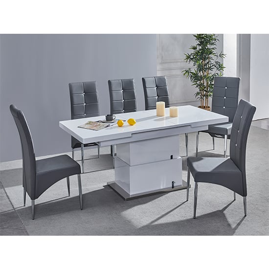 Eldon Convertible White Gloss Dining Table 6 Versilia Grey Chairs