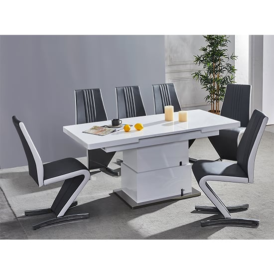 Elgin Convertible White Gloss Dining Table 6 Girona Black Chairs