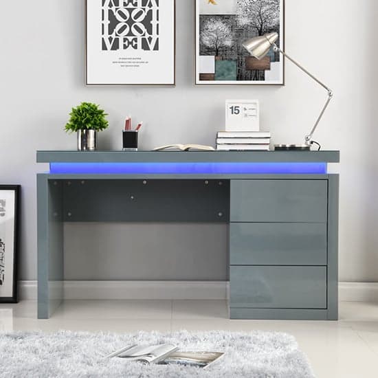 Emmett High Gloss Computer Desk In Grey With LED Lighting