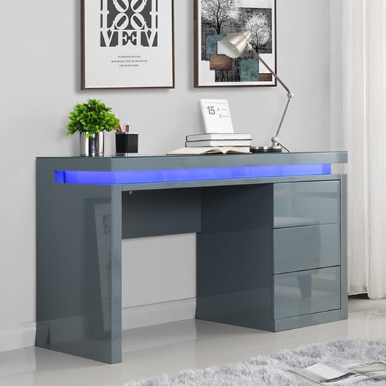 Emmett High Gloss Computer Desk In Grey With LED Lighting