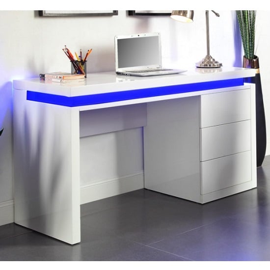 Emmett High Gloss Computer Desk In White With LED Lighting