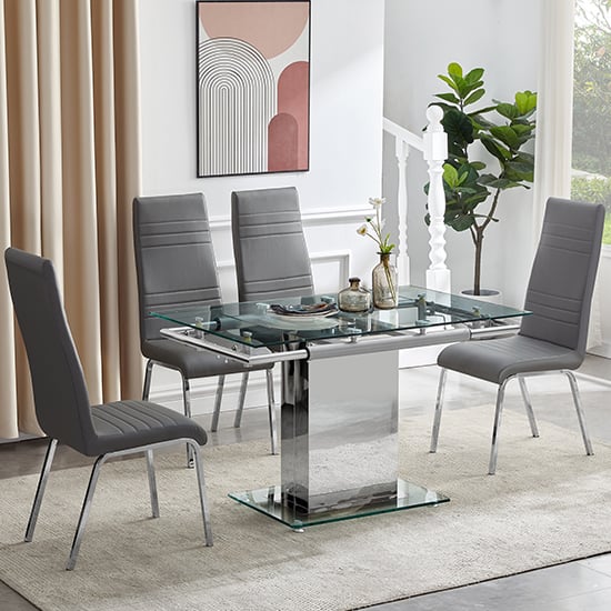 Ennis Extending Clear Glass Dining Table With 4 Dortmund Grey Chairs