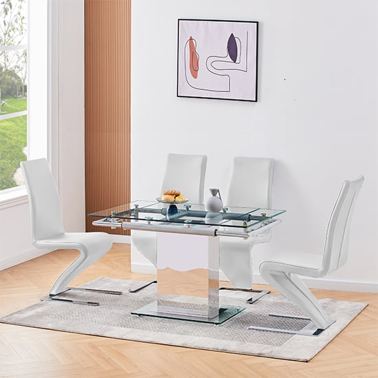 Ennis Extending Glass Dining Table With 4 Destin Z White Chairs