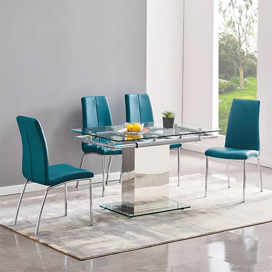 Ennis Extending Glass Dining Table With 4 Opelika Teal Chairs