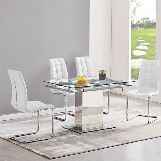 Ennis Extending Glass Dining Table With 4 Paradise White Chairs