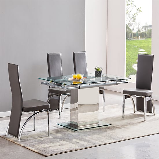 Ennis Extending Glass Dining Table With 4 Rimouski Grey Chairs