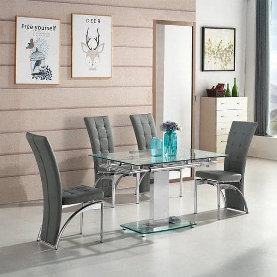 Ennis Extending Glass Dining Table With 4 Riverton Grey Chairs