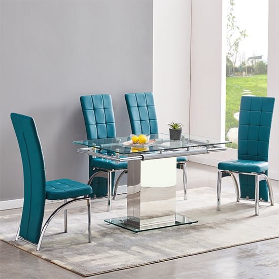 Ennis Extending Glass Dining Table With 4 Riverton Teal Chairs