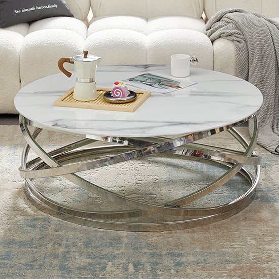 Enoch Round Glass Coffee Table In Diva Marble Effect