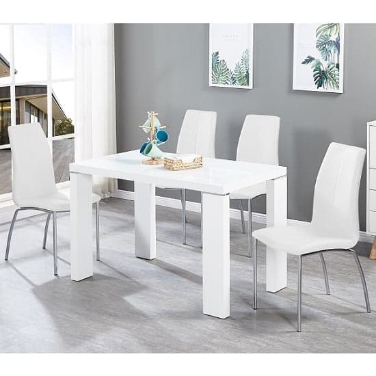 Enzo Glass Dining Table Small In White Gloss With 4 Opelika Chairs