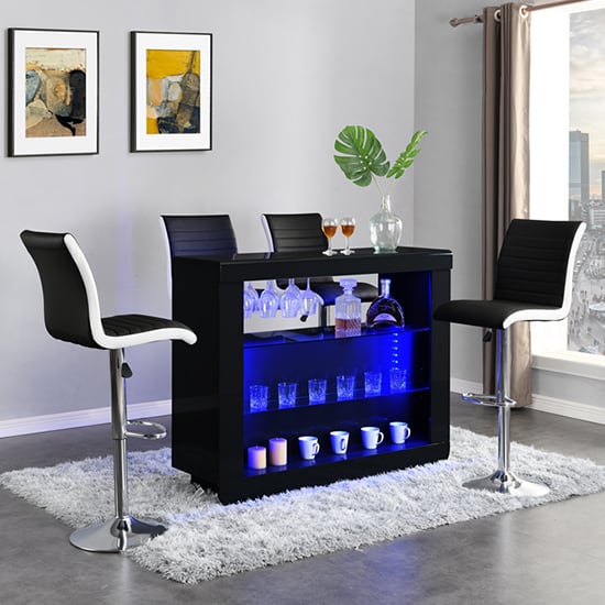 Fernier White High Gloss Bar Table 4 Riga Black White Stools