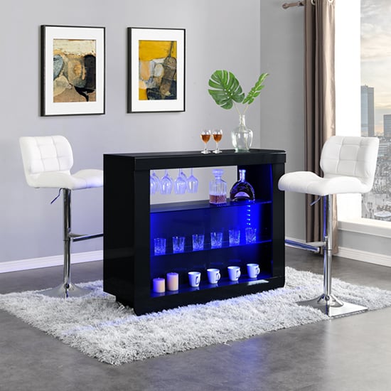 Fernier Black High Gloss Bar Table With 2 Canyon White Stools