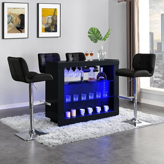 Fernier Black High Gloss Bar Table With 4 Canyon Black Stools