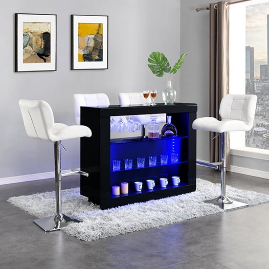 Fernier Black High Gloss Bar Table With 4 Canyon White Stools
