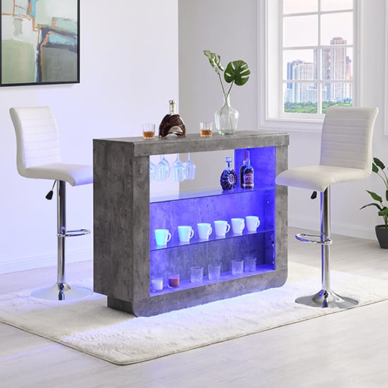 Fernier Concrete Effect Bar Table With 2 Rifle White Stools
