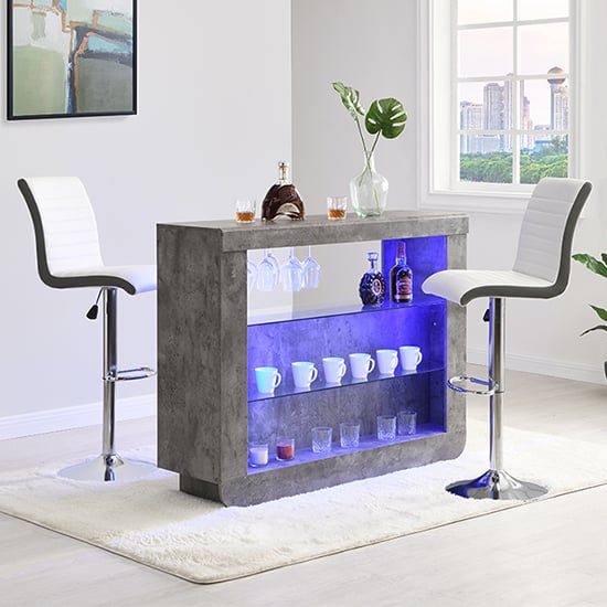 Fernier Concrete Effect Bar Table With 2 Riga White Grey Stools