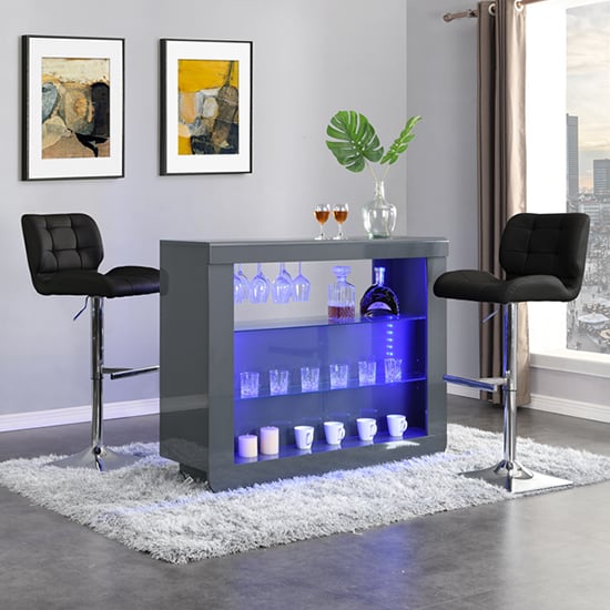 Fernier Grey High Gloss Bar Table With 2 Canyon Black Stools