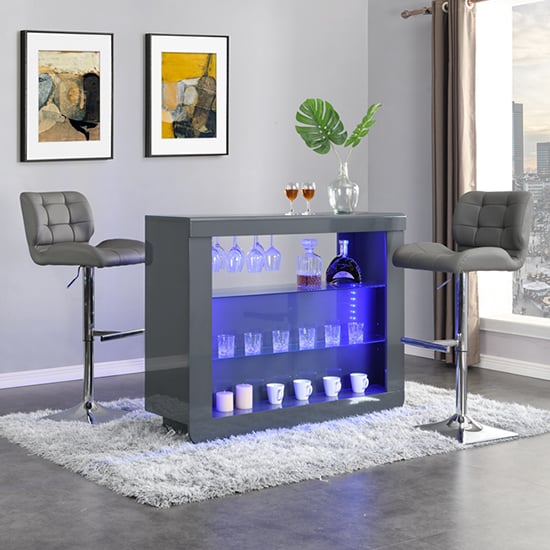 Fernier Grey High Gloss Bar Table With 2 Canyon Grey Stools