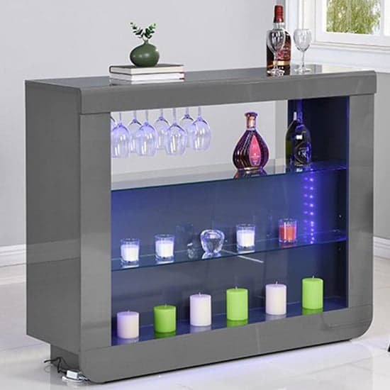 Fernier Grey High Gloss Bar Table With 2 Riga White Grey Stools