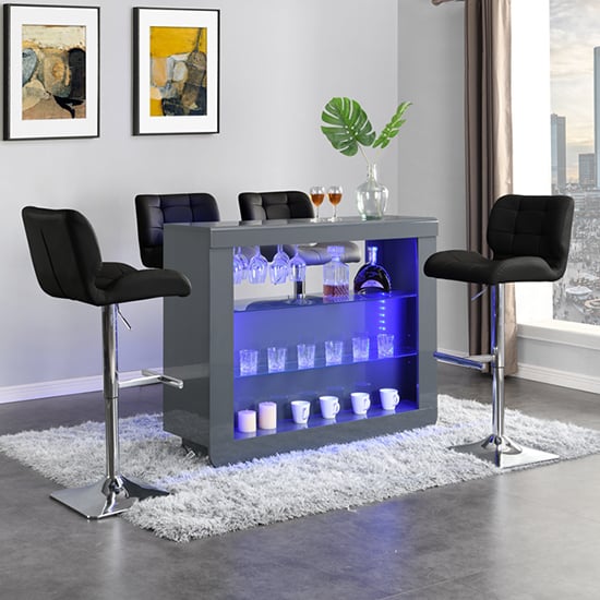 Fernier Grey High Gloss Bar Table With 4 Canyon Black Stools