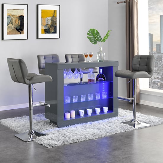Fernier Grey High Gloss Bar Table With 4 Canyon Grey Stools